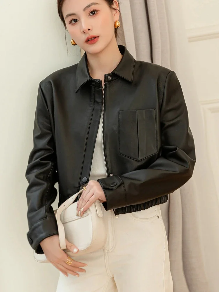 Lambskin Cropped Jacket for Women Spring Autumn 2024 Trend High-end Simple Casual Motorcycle Genuine Leather Coats