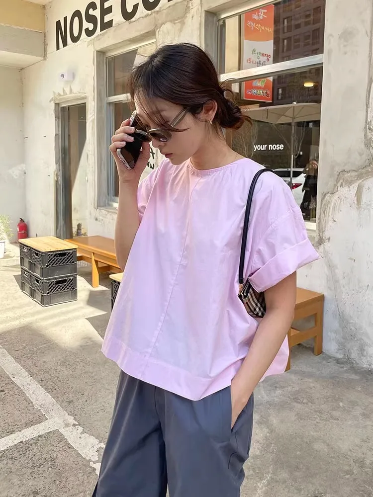 Loose Korean Sle Hollow out ort Sve round Ne Pink irt Women's Summer New Design Sense Button up Casual Cotton Top