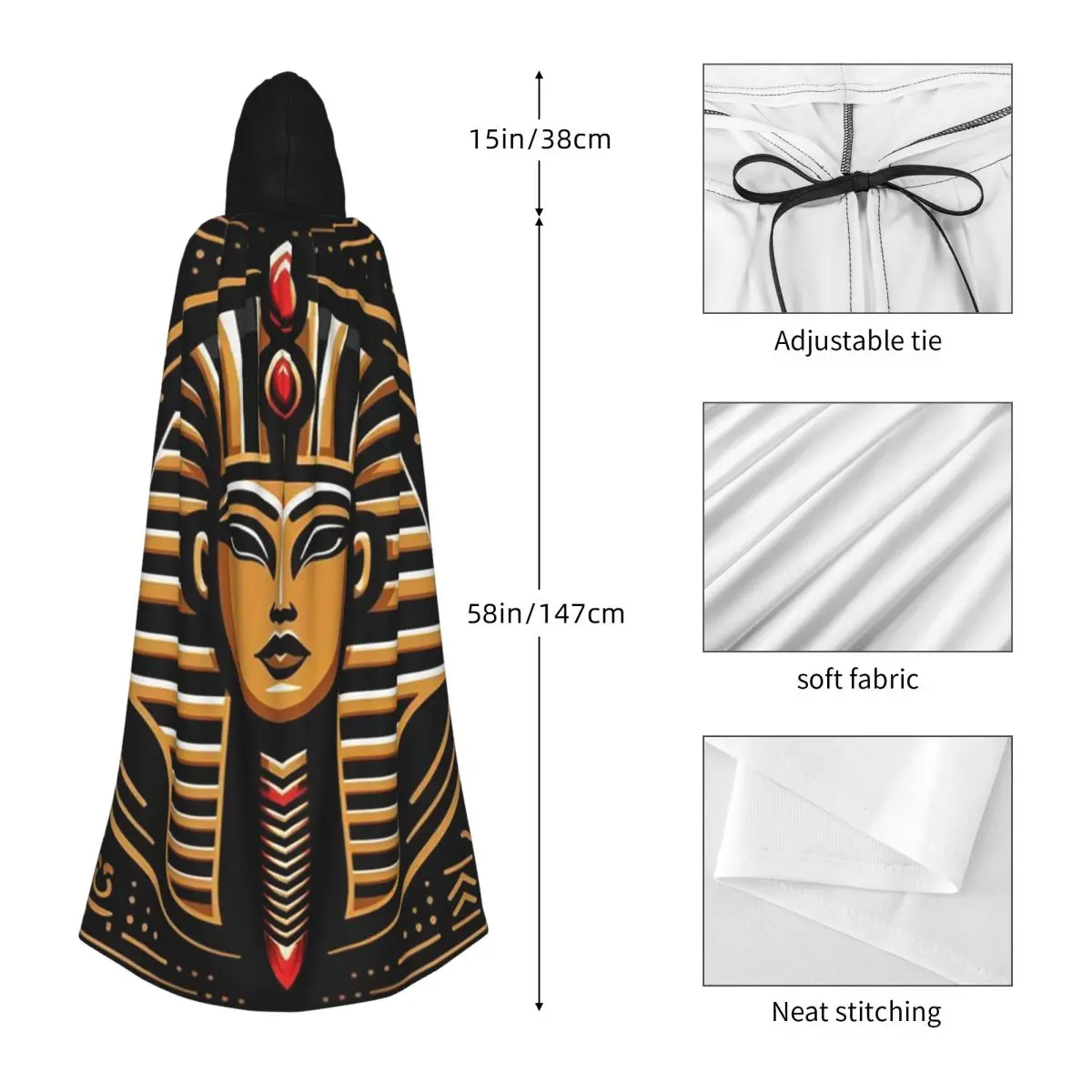 Faraón egipcio con ilustración de corona dorada, 5 capas largas con capucha, disfraz Medieval de bruja, capa de Cosplay, abrigo de Halloween Unisex