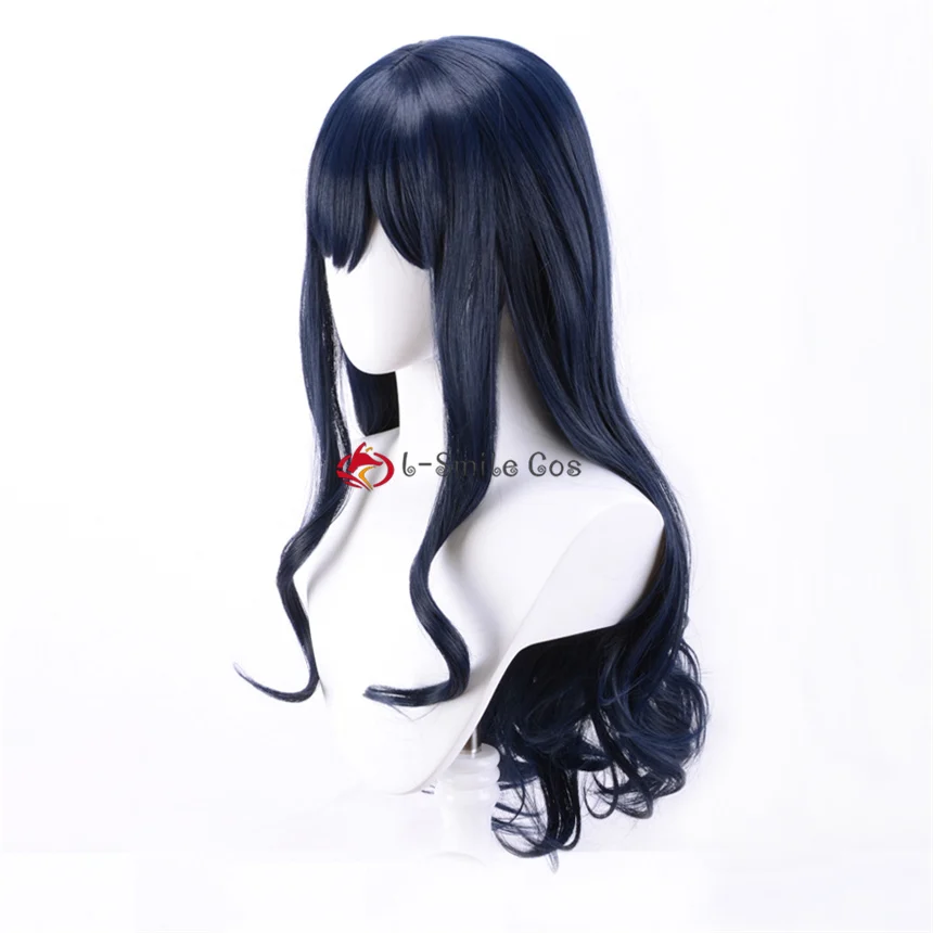 FF XIV 14 Cosplay FF14 FFXIV Gaia Cosplay Wig 80cm Long Navy Blue Curly Bangs Anime Wigs Heat Resistant Synthetic Hair + Wig Cap