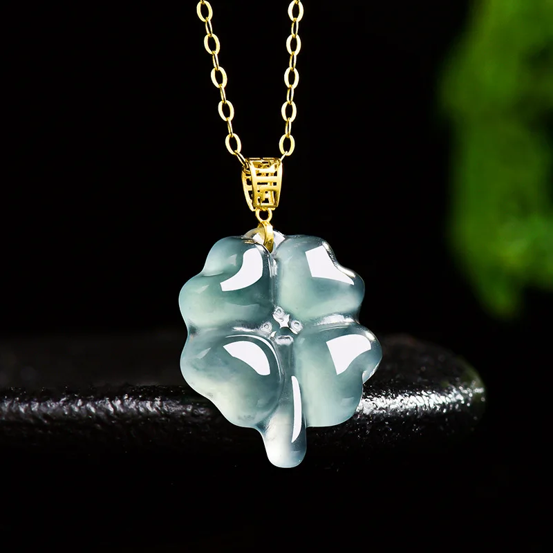 Real Natural Blue Water Jade Ice Seed Clover Pendant Necklace Carved Charm Jadeite Jewelry Fashion Amulet Gifts for Men Women