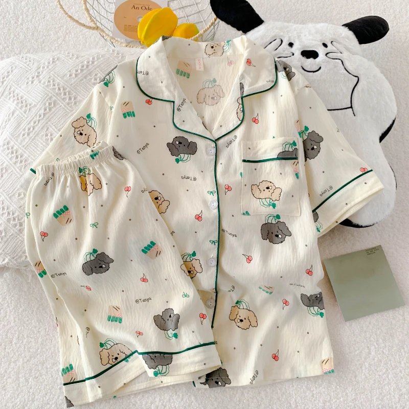 

Y2K Outside Fashion Soft Women's Sleep & Lounge Kawaii Cherry Dog Print Sweet Pajamas Set Summer New Lapel Neck Short Home Wear