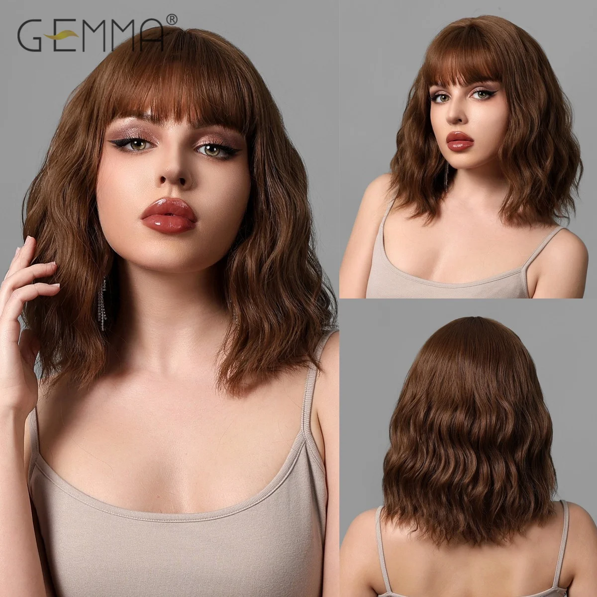 Golden Brown Synthetic Hair Wig with Bangs Short Curly Wave Bob Wigs for Women Heat Resistant Cosplay Daily Use Natural Hair