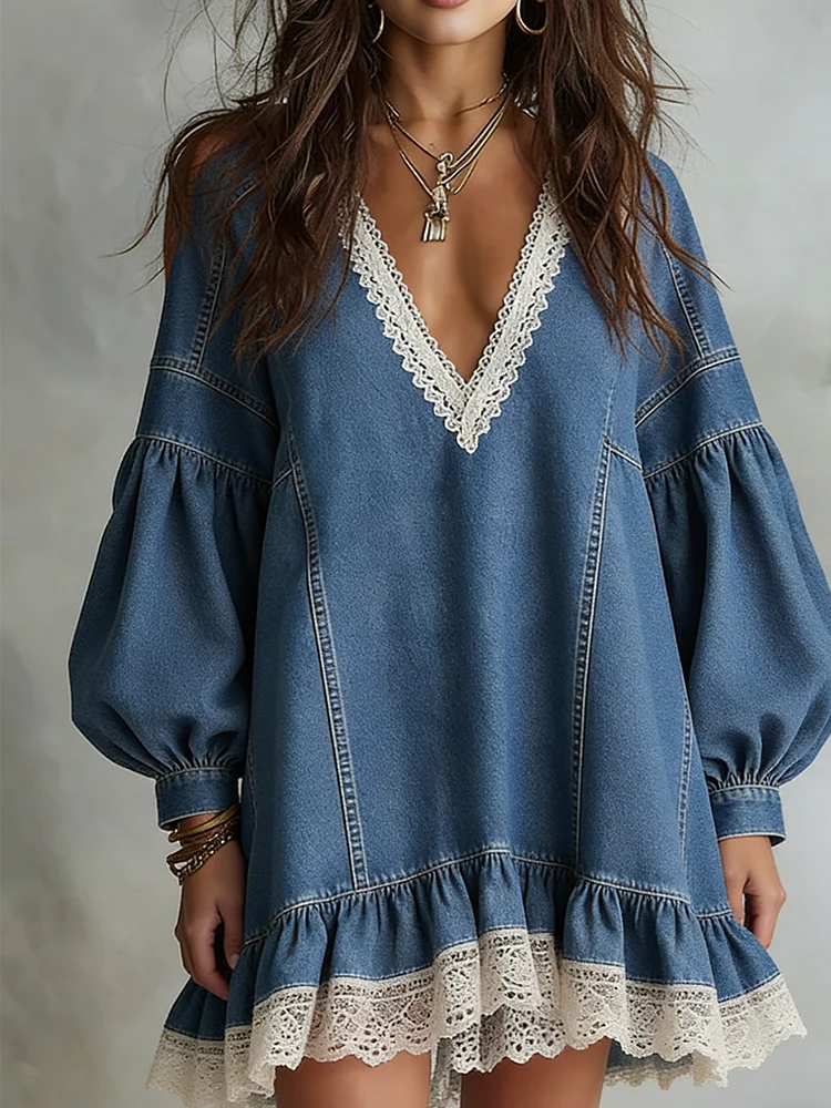 Damen Boho Jeans-Minikleid mit V-Ausschnitt, Spitzenbesatz, Puffärmeln, Rüschensaum, High-Low-Saum, Lässiges Strand- und Party-Hemdkleid