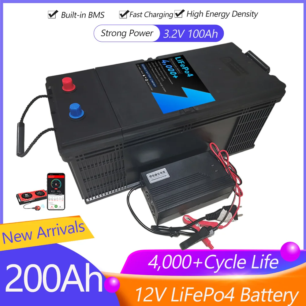 12V 200Ah LiFePO4 Battery Lithium Iron Phosphate Battery Built-in BMS for Solar Power System RV House Trolling Motor Solar