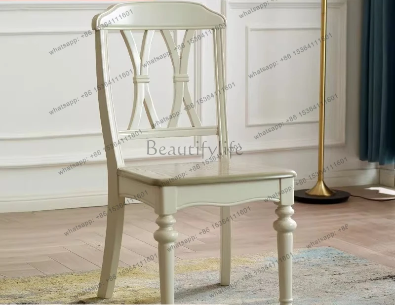 Pastoral white simple all-solid wood dining chair simple European white back chair