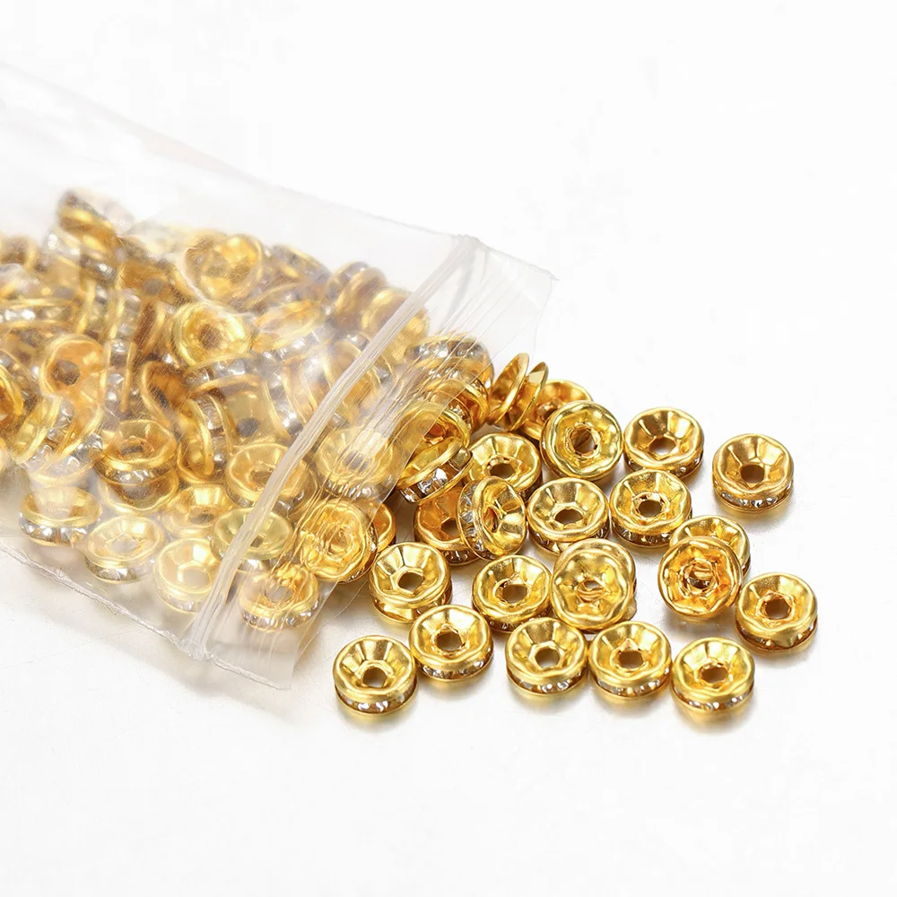 100pcs 4 6 8 10 mm Rhinestone Rondelle Spacer Gold Silver Color Alloy Beads for Jewelry Making DIY Bracelet Necklace Accessories