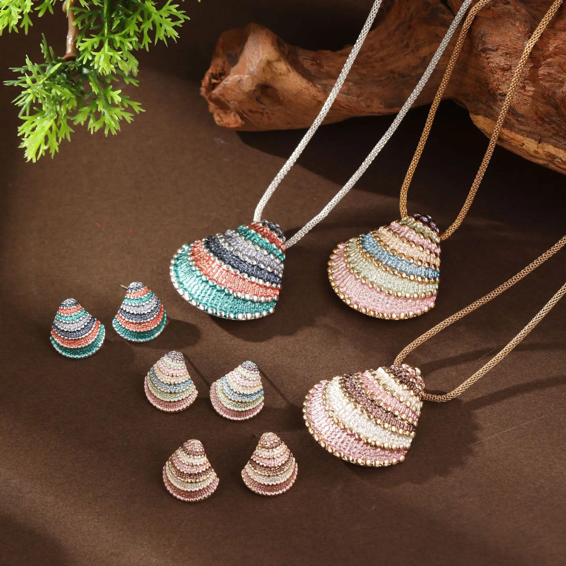 Trendy Handmade Glaze Jewelry Set for Women Fashion Shell Clavicle Chain Contrast Color Necklace Earring Set Jewelry Accessories