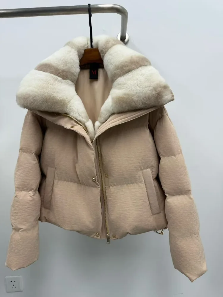 

Goose Down Jacket Female Warm Reality Fur Coat Luxury Autumn Winter Top Clothes Thick Hooded Natural Rex Rabbit Fur Fluffy Women