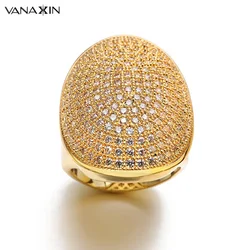 VANAXIN Dubai Big Wide Ring Gold Color for Women Fully Iced Out Zircon Fashion Gift Wedding Anniversary Jewelry