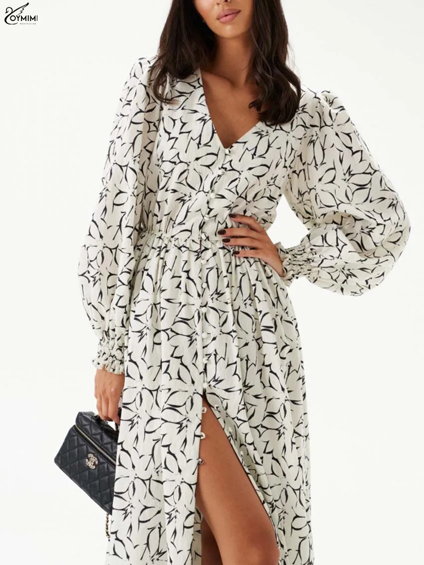 Oymimi Elegant White Print Women's Dress Fashion V-Neck Long Sleeve Single Breasted Dresses Autumn High Waist Ankle-Length Dress