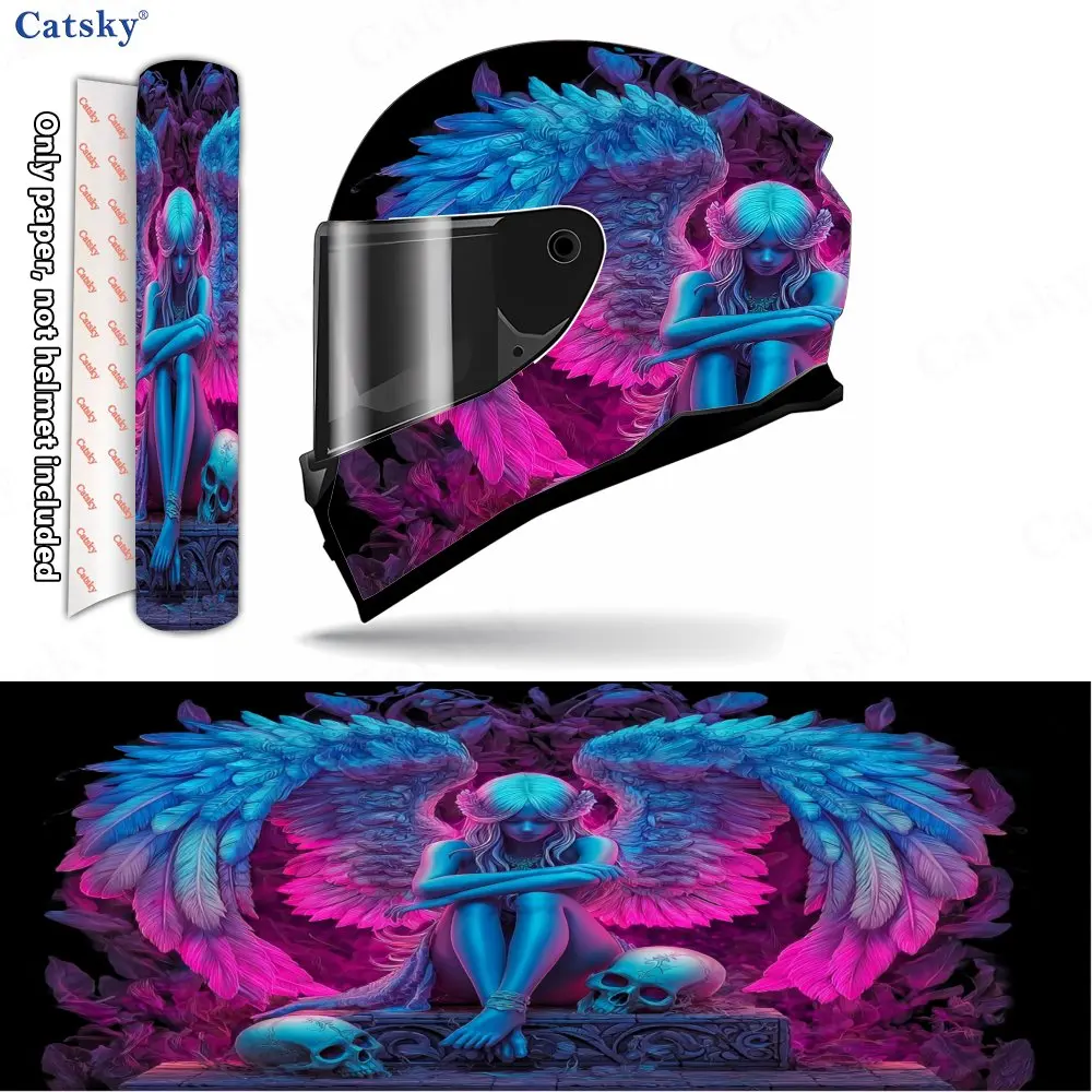 

Purple-Blue Wings and Skull Secret Realm Helmet Vinyl Wraps, Waterproof Scratch-Resistant Full Face Helmet Decals, Durable PVC D