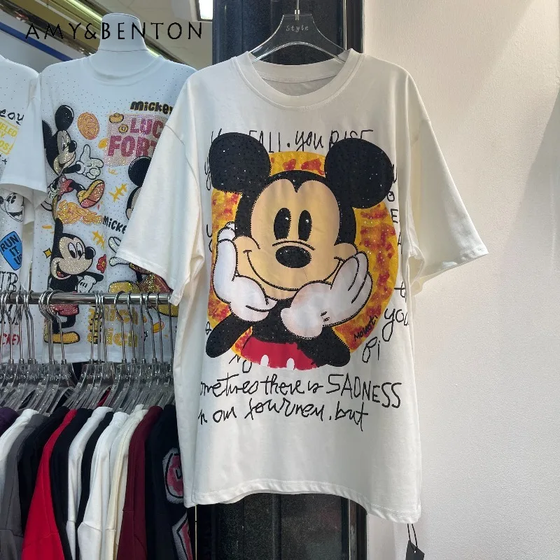 

2026 Summer Premium Sequin Cartoon Short-sleeves T-shirt For Women's Loose Fit Stylish Age-defying Top Crew Neck Pullover Tshirt