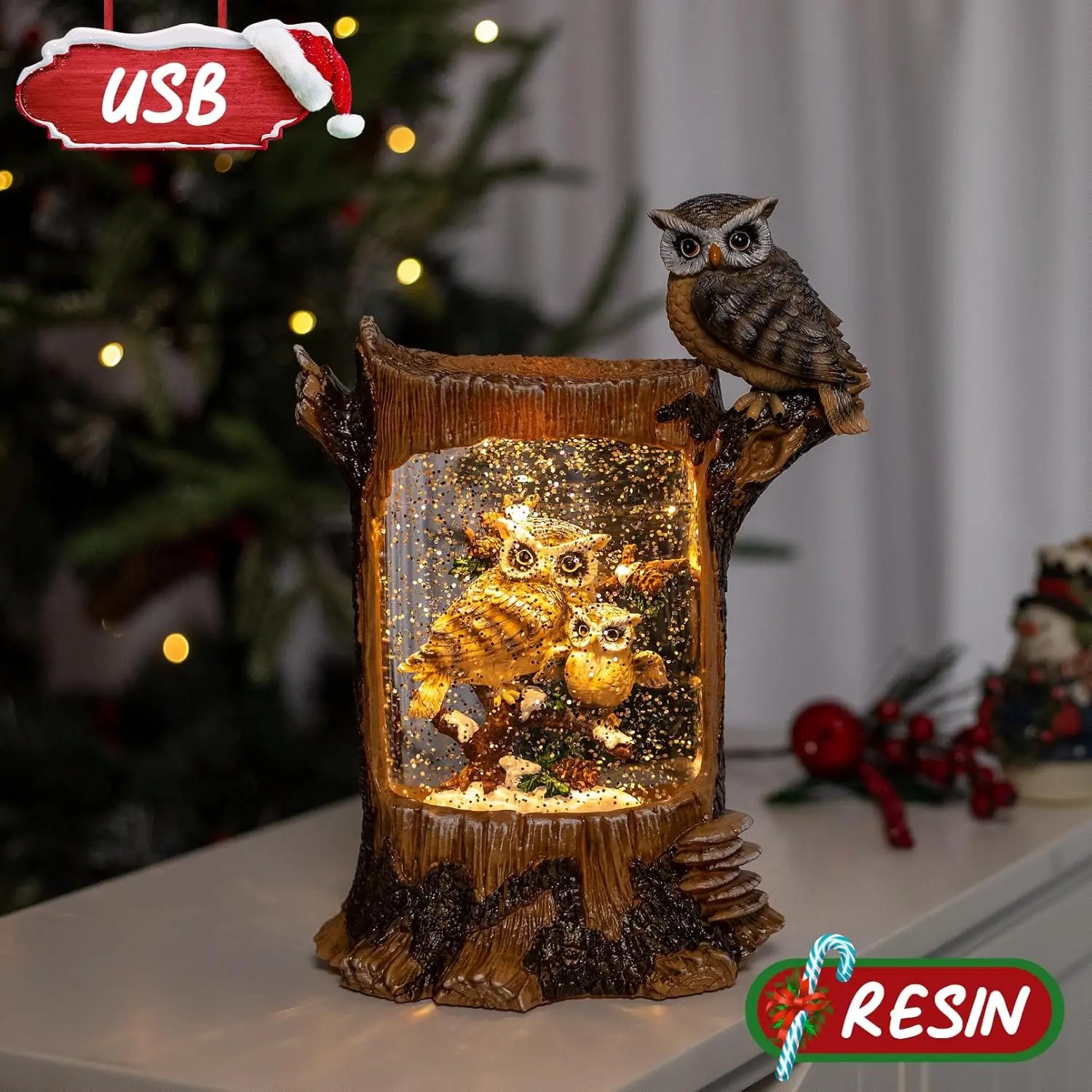 Globo de nieve familiar de búhos navideños con temporizador, linterna  musical brillante, figuras coleccionables grandes, decoración navideña,  batería USB / Iluminación de exterior, image size:1500x1500