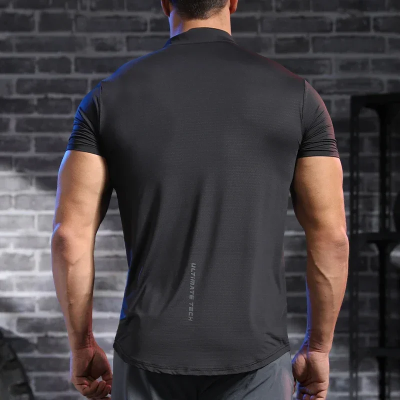 Men's Fitness Ice Silk Sports Tight Tops Running Training Dry Fit Short Sleeve with Half Zip Bodybuilding Tee Muscle Fit T-shirt