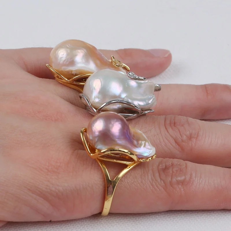 16mm/20mm real natural freshwater flameball fireball baroque pearl rings jewelry designs for women