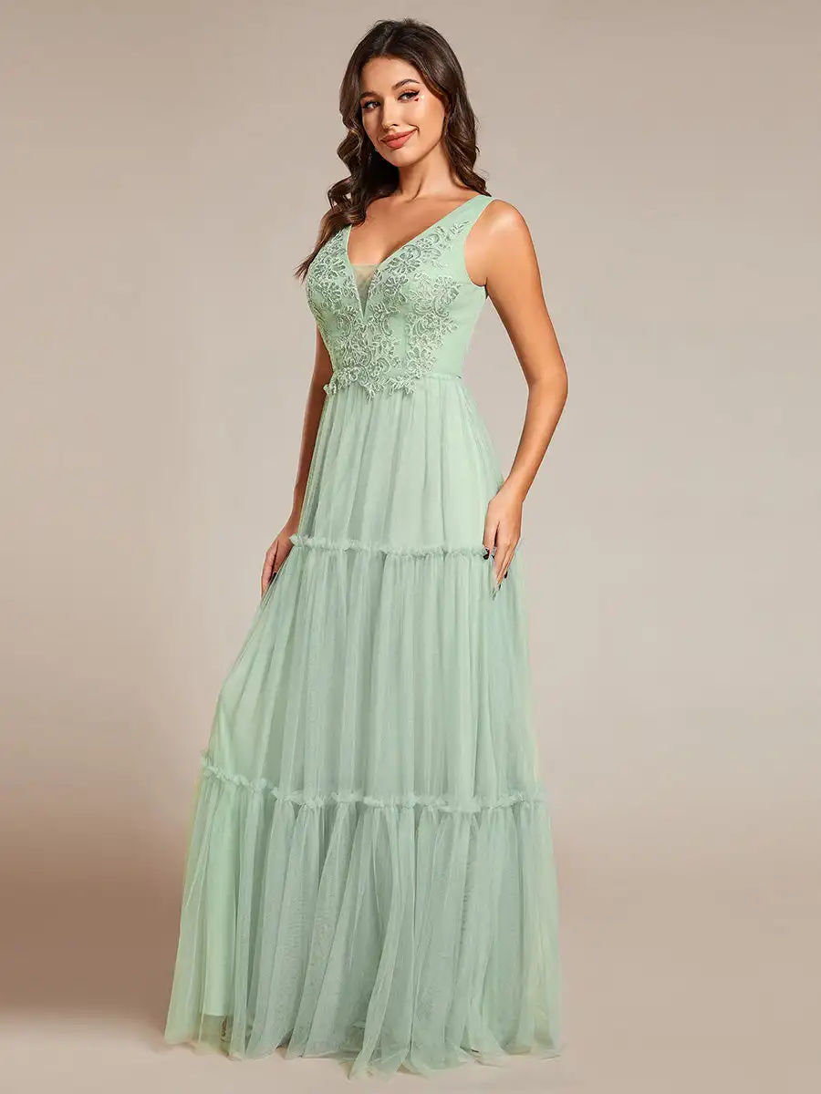 Sempre bonita vestido de dama de honra, vestido de noite elegante, decote v profundo, sem mangas, chiffon, verde hortelã, 2024