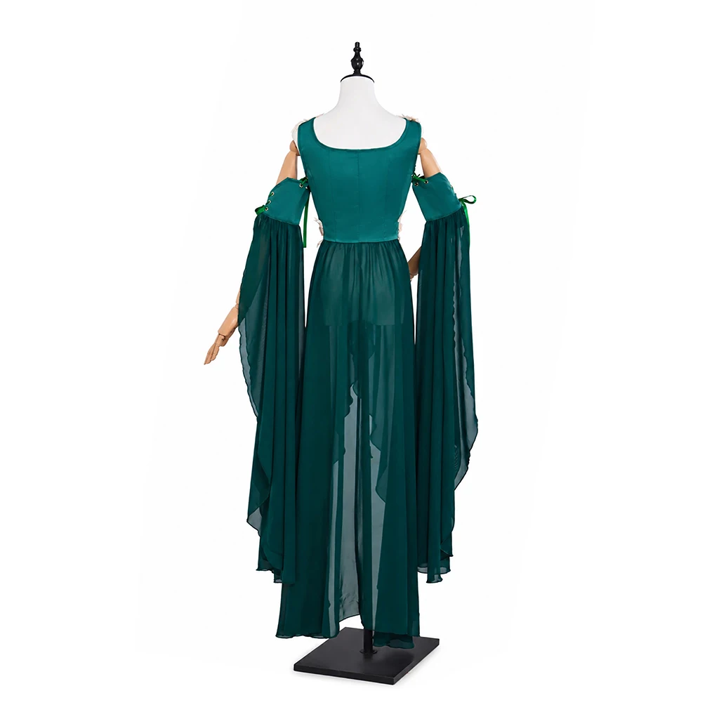 Women's Medieval Renaissance Costume Fairy Elf Green Dress with Sleeves Vintage Forest Fairy Corset Gown for Halloween view 5