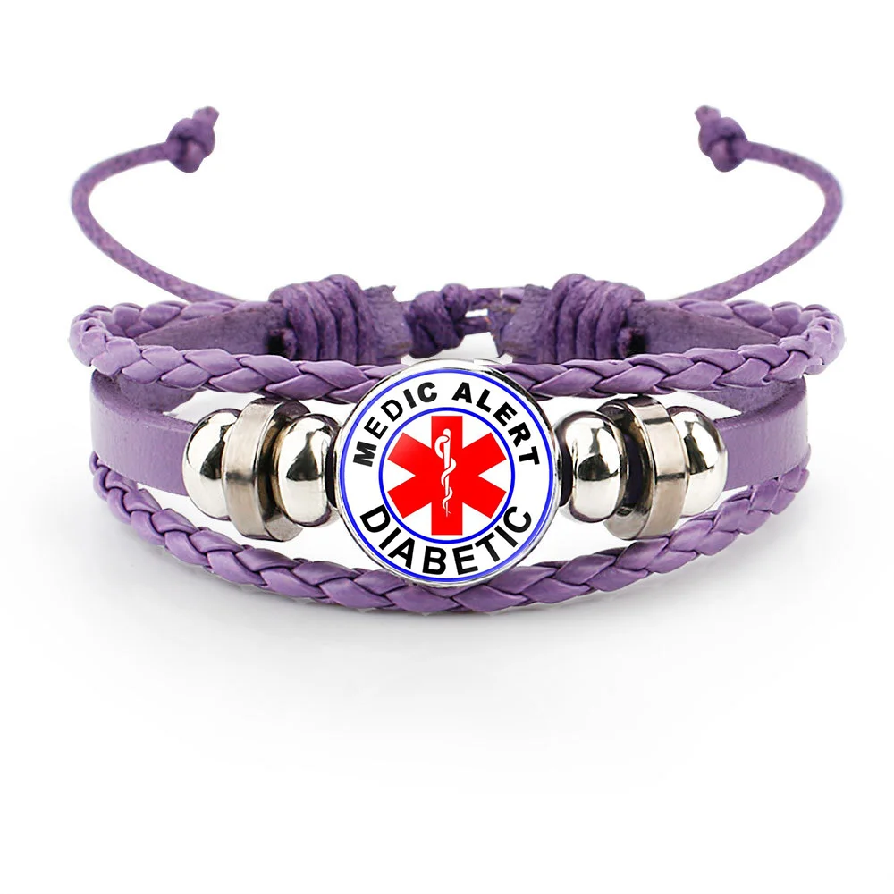 Colorful Penicillin Bracelet for Girls Boys Bee Milk Peanut Allergy Medical Alert Type 2 Diabetes Glass Leather Bangles Jewelry