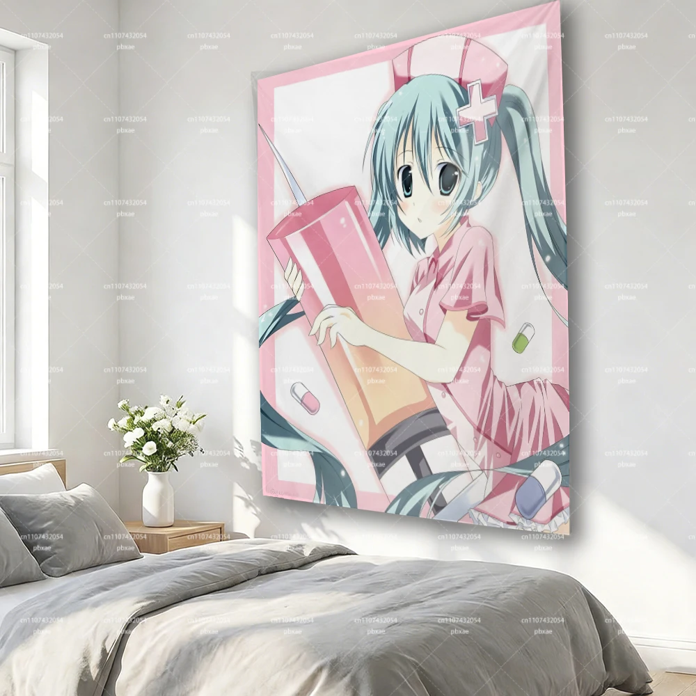 Hatsune Miku Nurse Style Tapestry, Pink Anime Twin Tail Girl Syringe Pattern Wall Hanging for Bedroom Dorm Otaku Decor