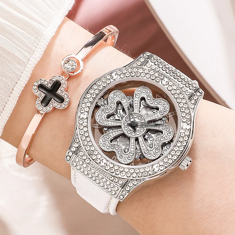 ROMITIME Watches for Woman Lucky Collection Fashionable Rotating Dial Calfskin Strap Quartz Waterproof Ladies' Wristwatch