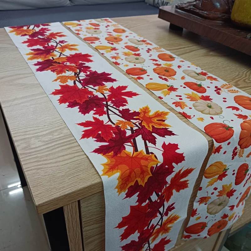 New! Thanksgiving Table Runner Pumpkin Maple Leaves Kitchen Dining Table Decoration Christmas For Outdoor Home Party Decor