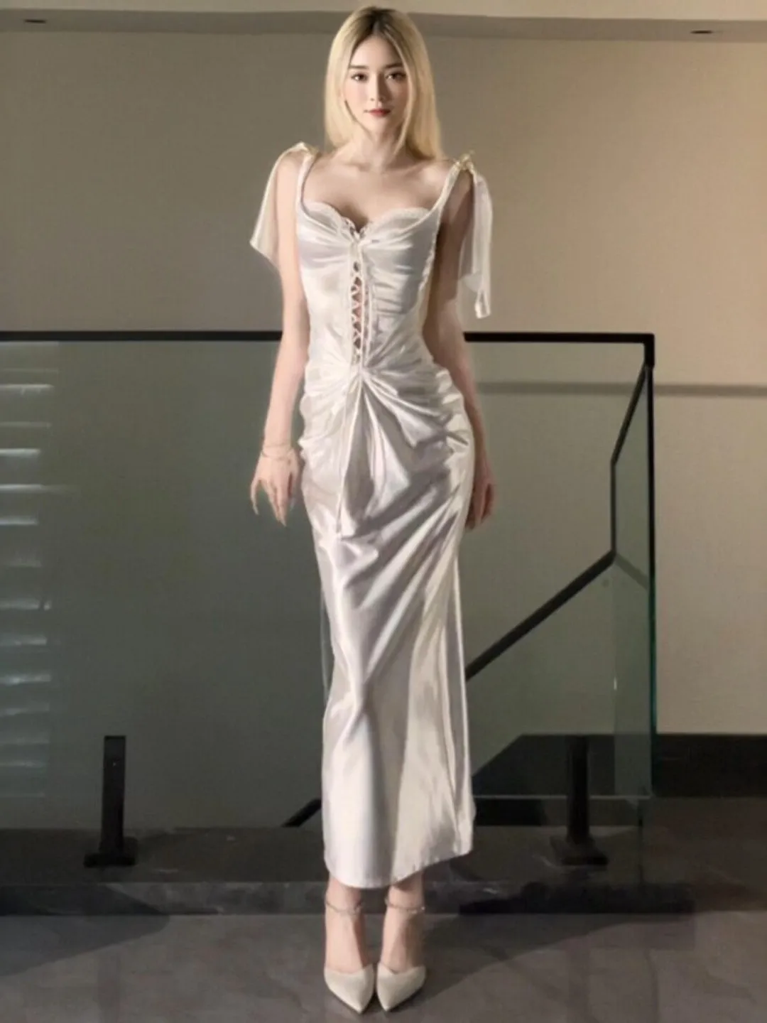 

Elegant Sister Style Slim Fit Long Strapless Dress Unique Design Summer Cotton Blend No Sleeve Business Casual City Walk