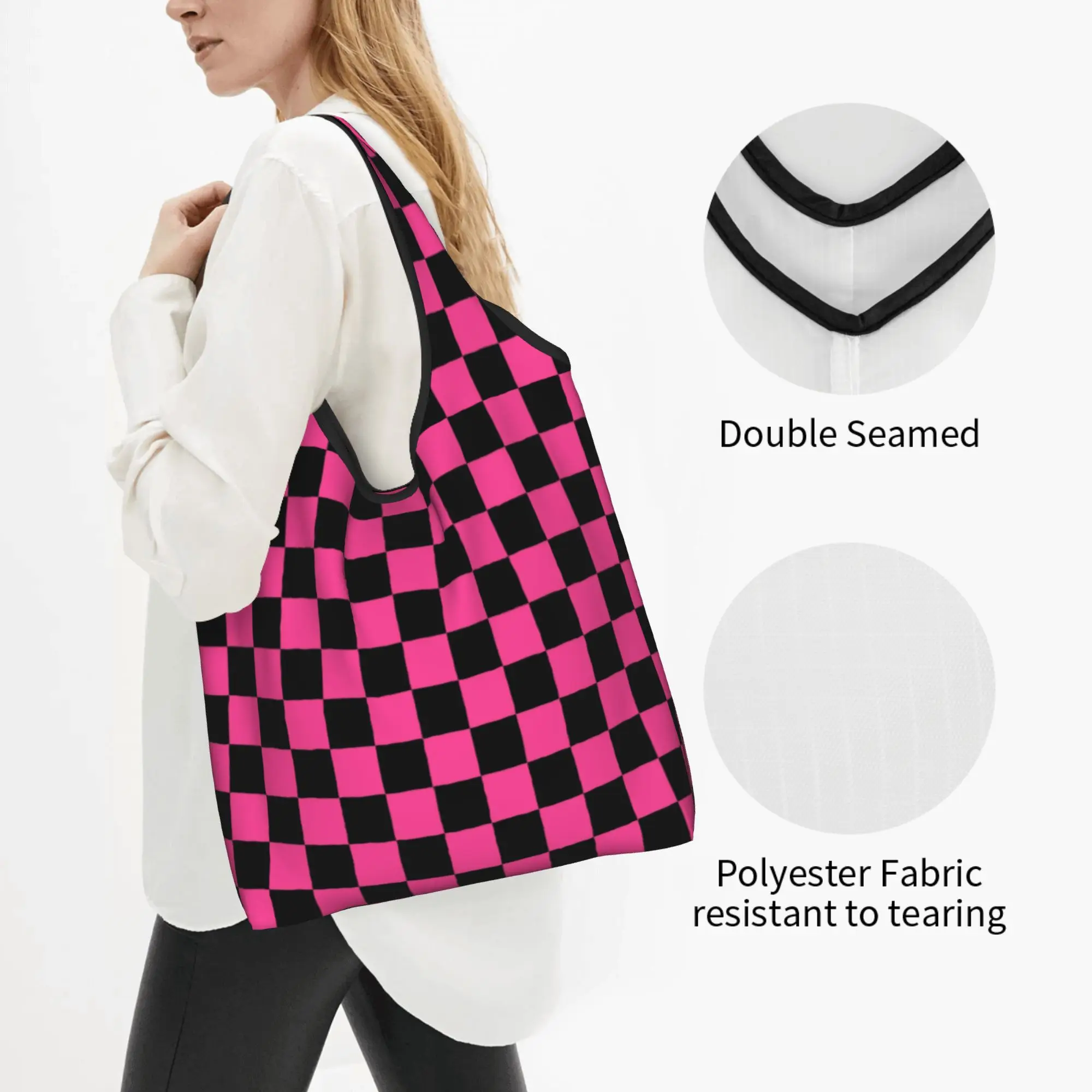 Reusable Black and Pink Checkerboard Pattern Shopping Bag Women Tote Bag Portable Tartan Plaid Groceries Shopper Bags