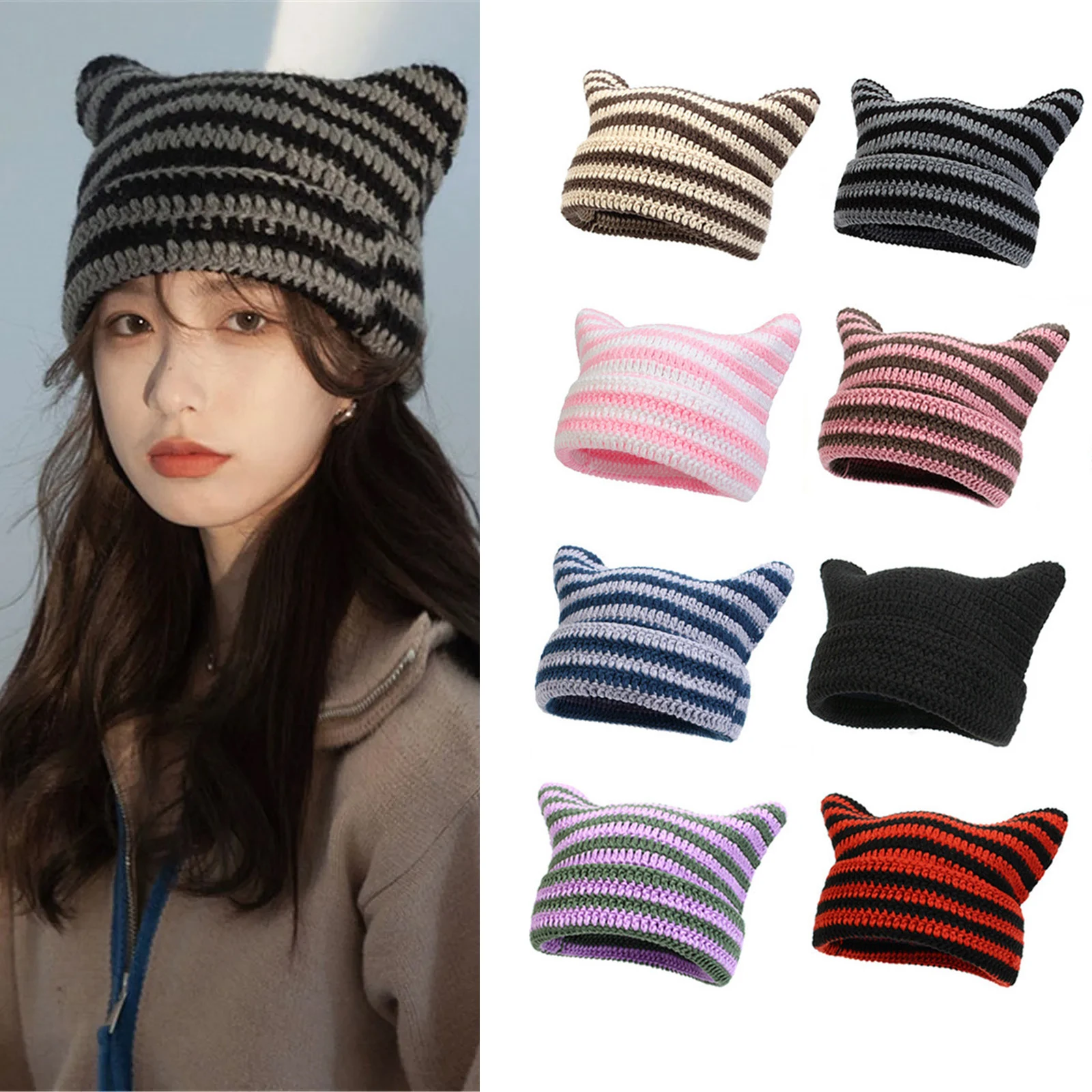 

Cute Cat Ear Devil Horn Knitted Hat 2023 Autumn Winter Womens Girls Casual Contrast Color Striped Crochet Cap Costume Accessory