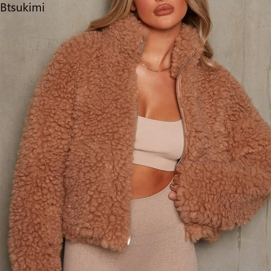 Chic Faux Lambswools Teddy Jacket Hairy Fleece Bomber Coat Plush Stand Collar Velvet Cardigan Outwear Zipper Shaggy Parka Tops