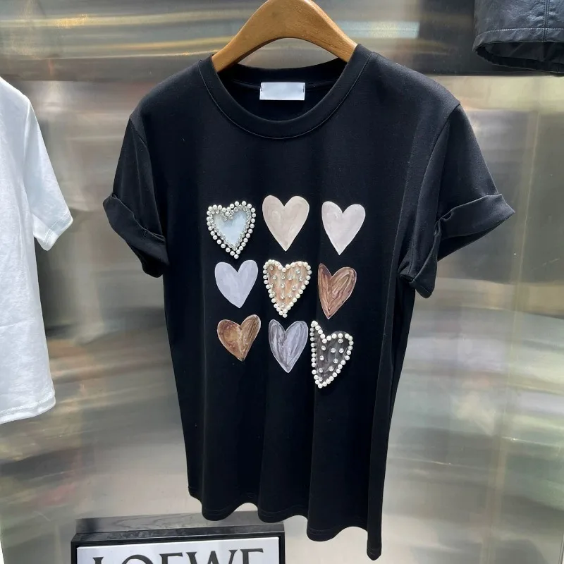 Neploe Fashion All-match Heart Beading O-neck T-shirts Y2k Short Sleeve Loose Tee Shirt 2024 Summer New White Tops Women