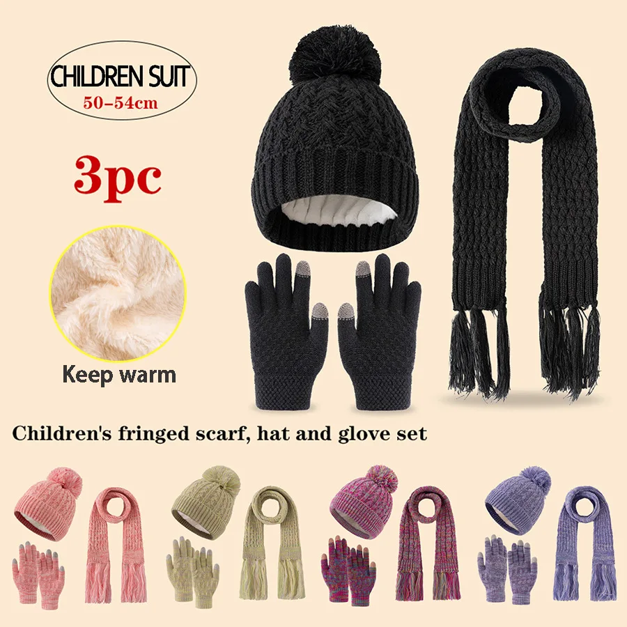 Gorros, bufandas y guantes de punto de 3 piezas para niños, aptos para niños de 3 a 12 años para mantener el calor al aire libre en invierno.