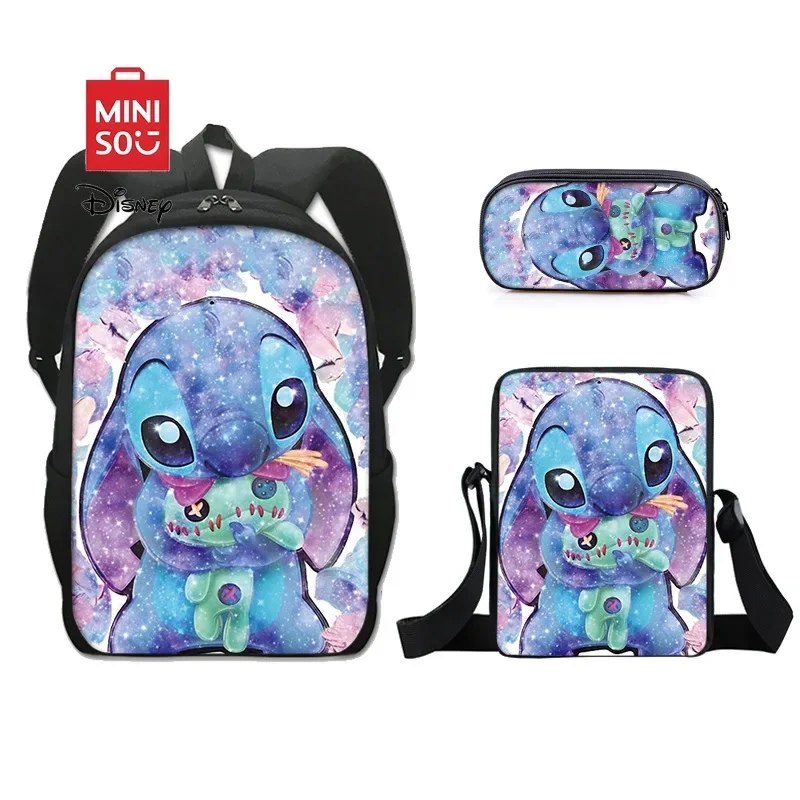 

MINISO Disney Stitch Cartoon Students Backpack & Shoulder Bag Wite Pencil Case New Fashion Cute Set Large Capacity SchoolBag