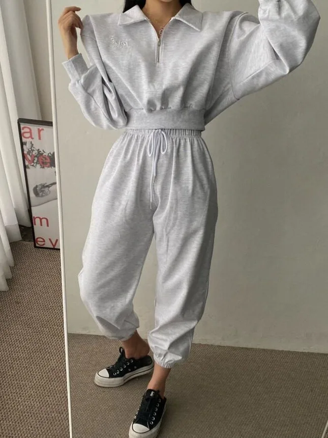 Women's Fashion High Waist Slim Fit Hoodie Set Short Sleeve Turn-down Collar Casual Pants Two-piece Autumn Winter Outfit