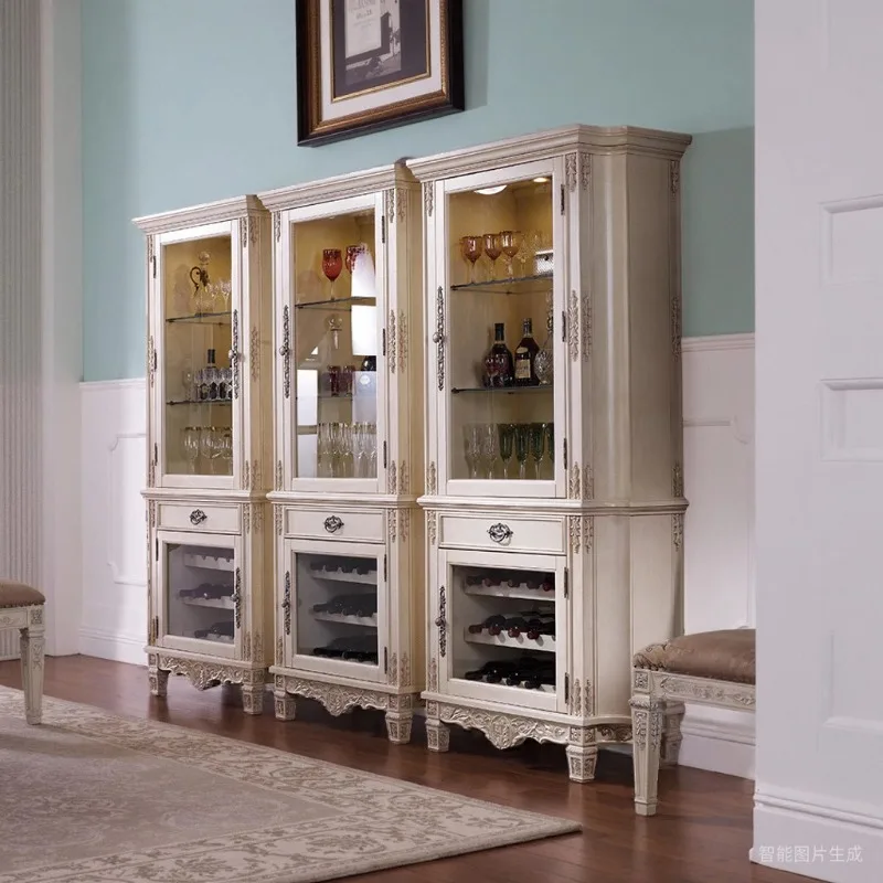 

French Classic Antique White Solid Wood Wine Cabinet Glass Door Wall Locker