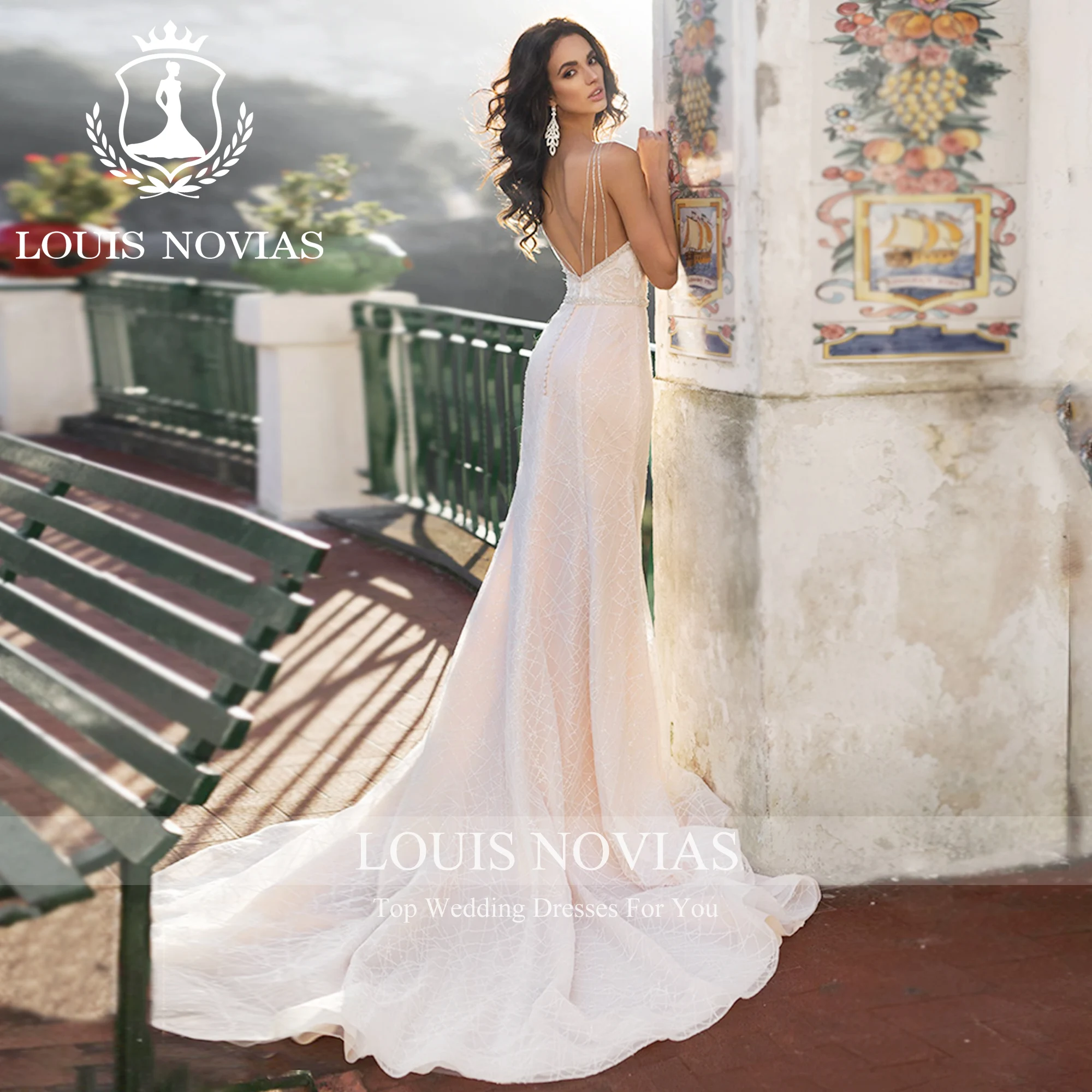 LOUIS NOVIAS Mermaid Wedding Dress For Women 2023 Simple Sparkling SCOOP Beading Semi-Transparent Wedding Gown Vestidos De Novia