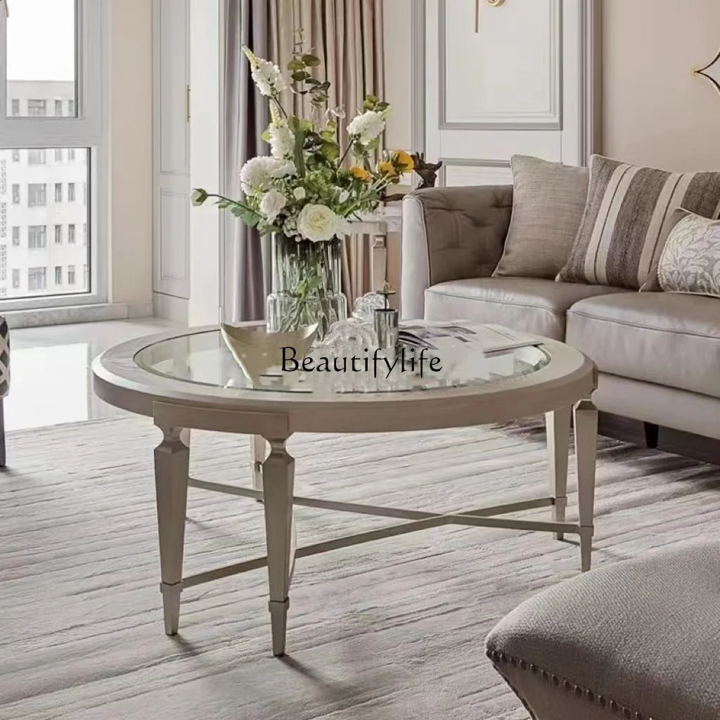 

American light luxury solid wood round glass coffee table simple modern living room coffee table