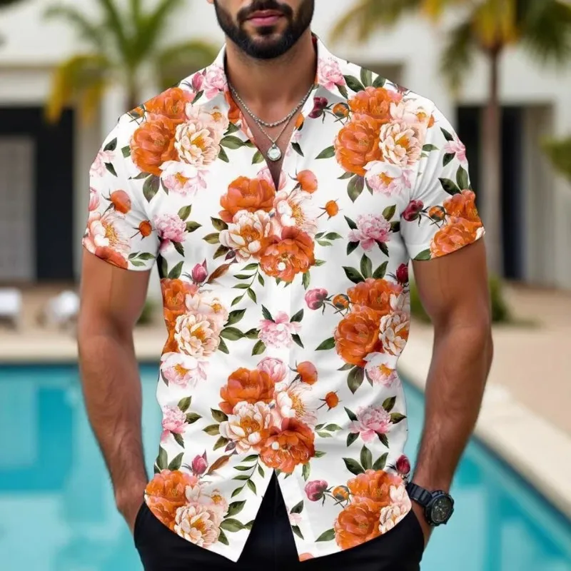 Men Hawaiian Tropical Floral 3D Print Short Sleeve Shirt Casual Summer European American Style