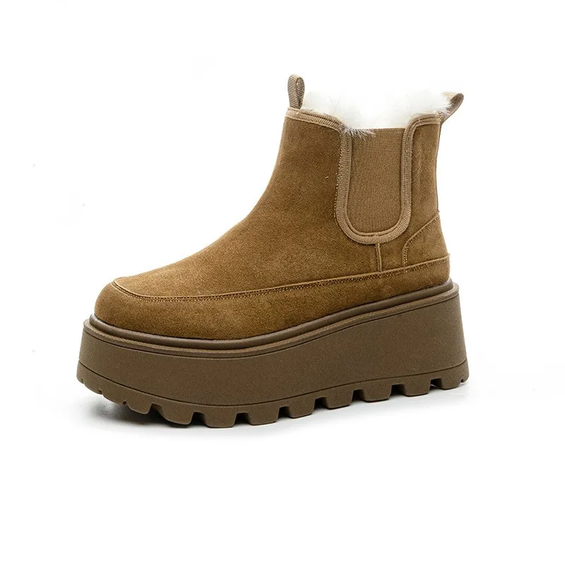 Women's Retro Winter Suede Leather Snow Boots Thick Cotton Comfortable Short Casual Boots Warm Fleece Lined Women Ankle Boot 7CM
