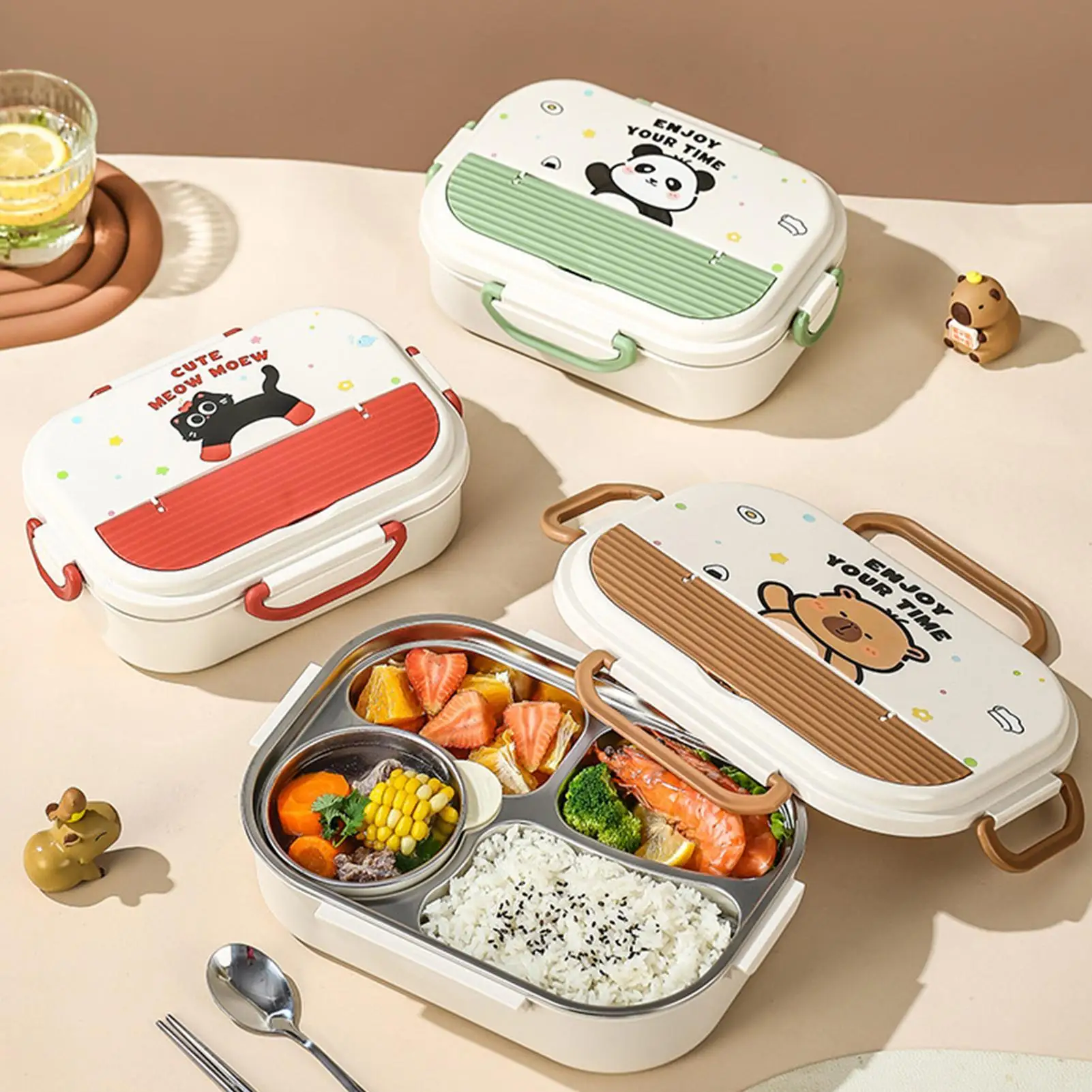 Kinder-Lunchbox, Edelstahlbehälter mit Deckel und Besteck, tragbare mikrowellengeeignete Aufbewahrungsbox für Lebensmittel mit Tragetasche