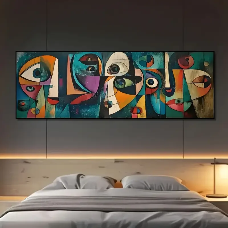 قطعة واحدة من طباعة قماشية بعيون هندسية تجريدية بدون إطار - فن جداري حديث نابض بالحياة مع خطوط جريئة وأشكال ملونة، مثالي للمنزل