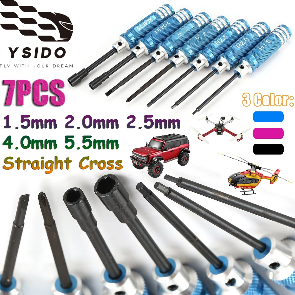 7PCS Hex Driver Nut Repair Tools Set 1.5/2.0/2.5/4.0/5.5mm Straight Cross Wrench Tool for RC FPV Drone Helicopter Aircraft Car