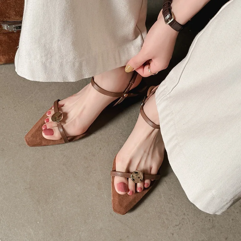 Arden Furtado Summer Kitten heel cowhide word-cingulate Sandals Square toe metal decoration Thin heels Open toe Sandals