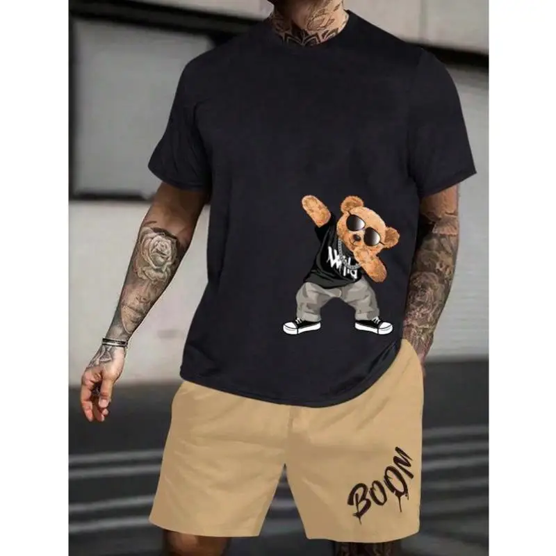 

Men's Slim Fit Street Sle Bear Print T-irt Autumn Collection Cross-Border Seven Sve Length Casual Sportswear Set