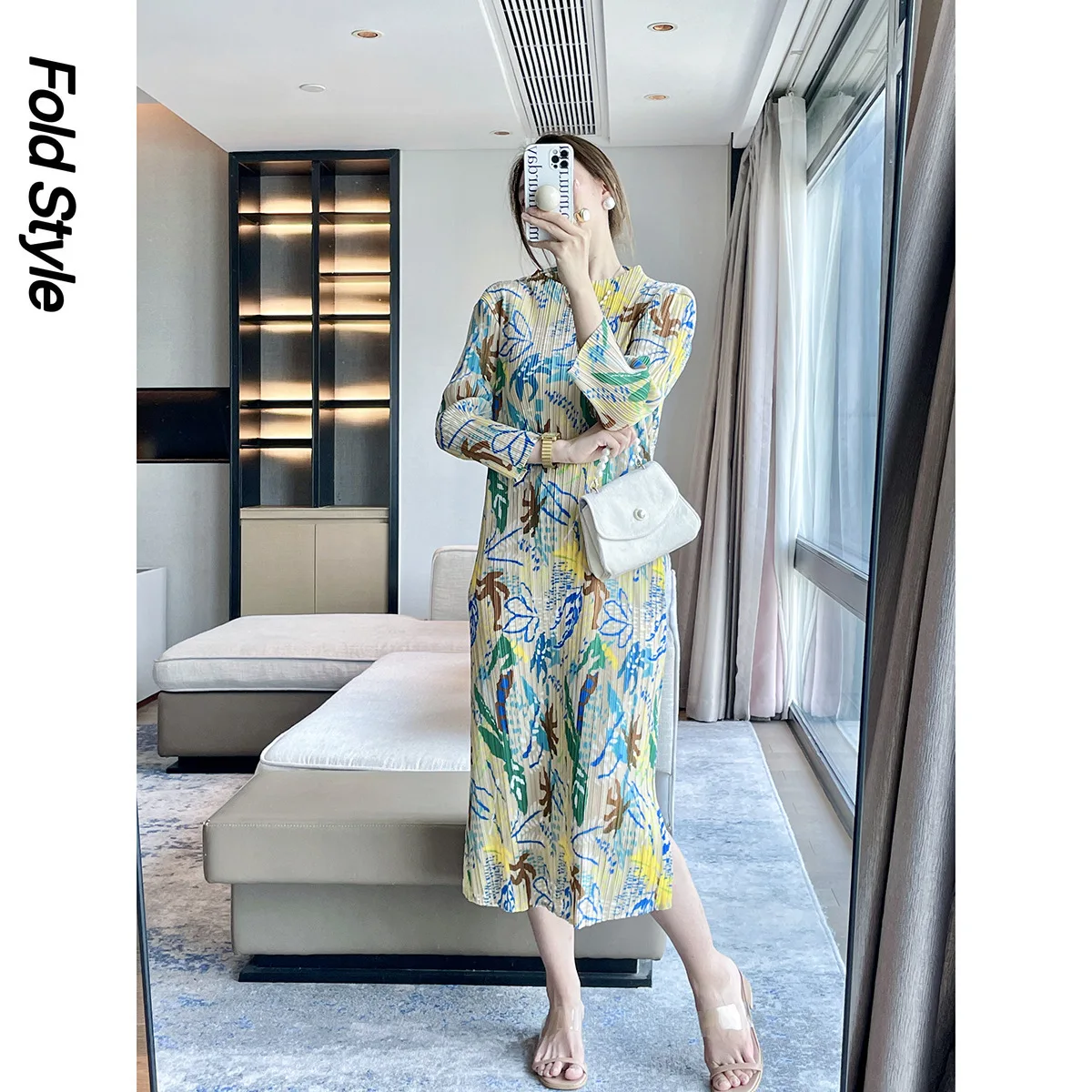 

Miyake Women's Pleated 2024 Autumn New Jungle Print Design Sense Round Neck Dress Elegant and Slim Skirt
