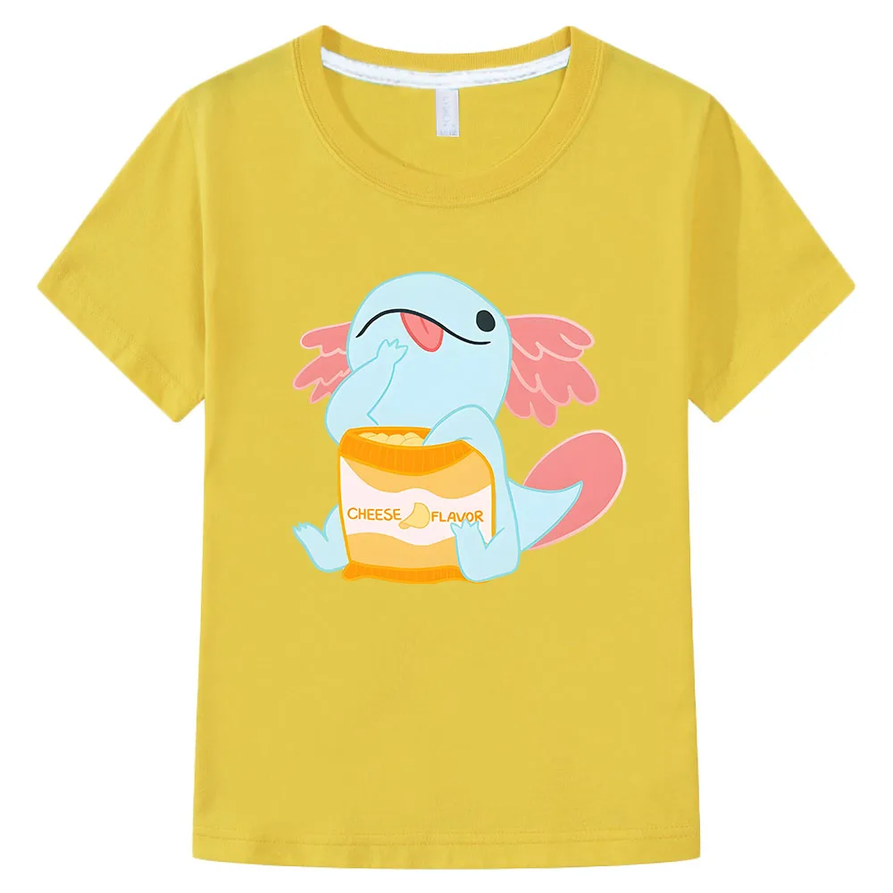 

Axolotl Salute Eat Snack Print T-shirt Casual Short Sleeve Pure Cotton Tee-shirt High Quality Boys and Girls Tshirts Children