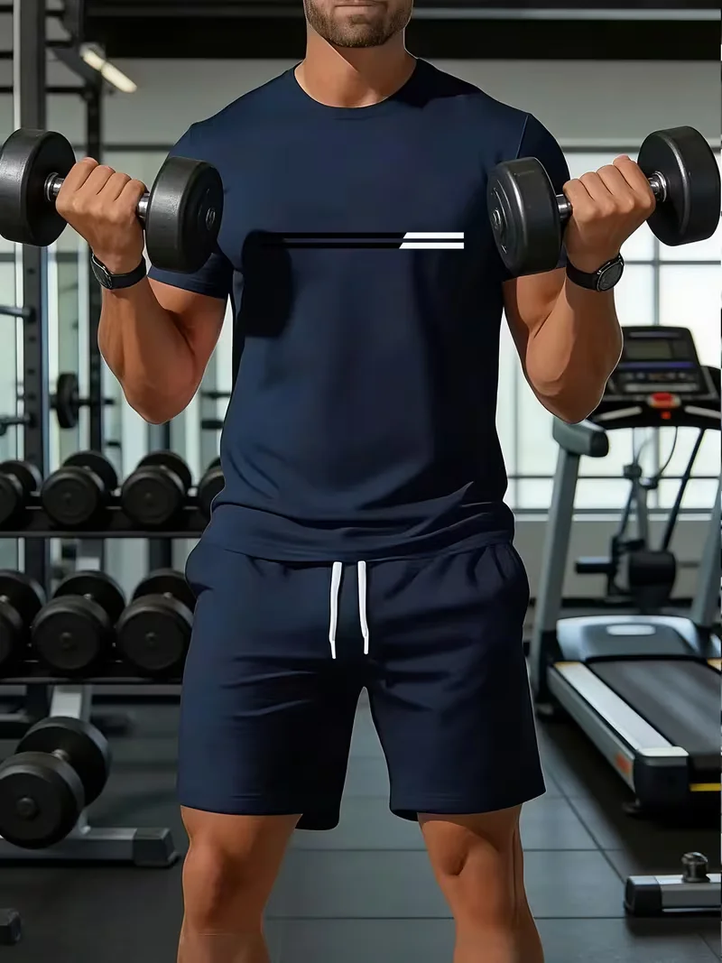 Men's sports two-piece set short sleeved T-shirt and shorts running and fitness sportswear summer promotion latest hot selling view 4