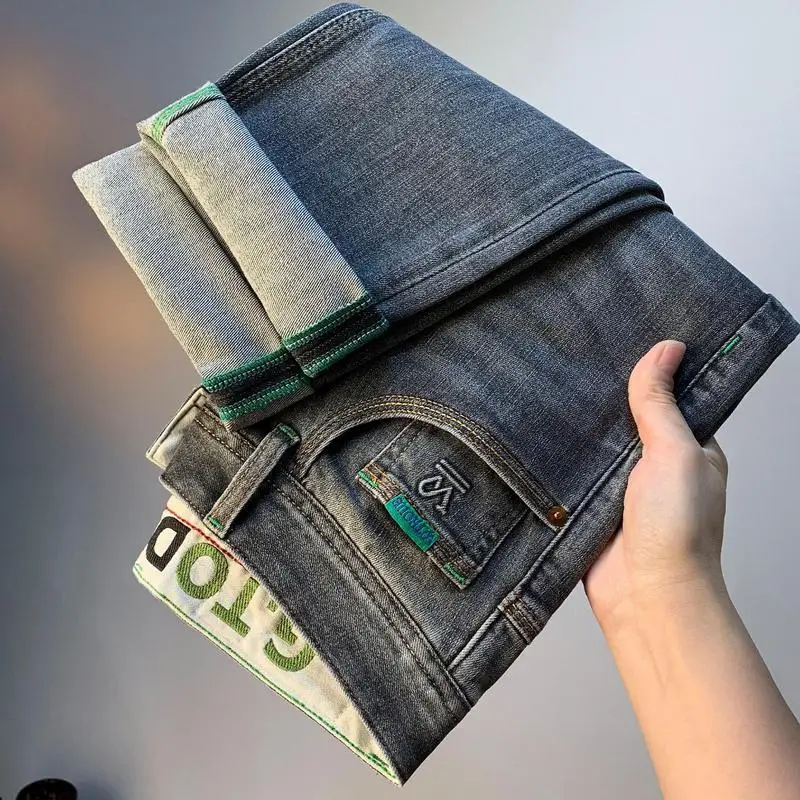 Unique Design Slim Straight Stretch Cotton Denim Jeans for Men, Versatile Daily Pants with Summer Style