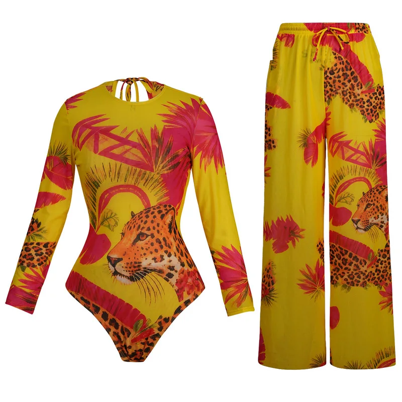 Women's Long Sleeve One-Piece Swimsuit with High-Waisted Wide-Leg Pants Two-Piece Set Outdoor Beach Sun Protection Swimwear Bath