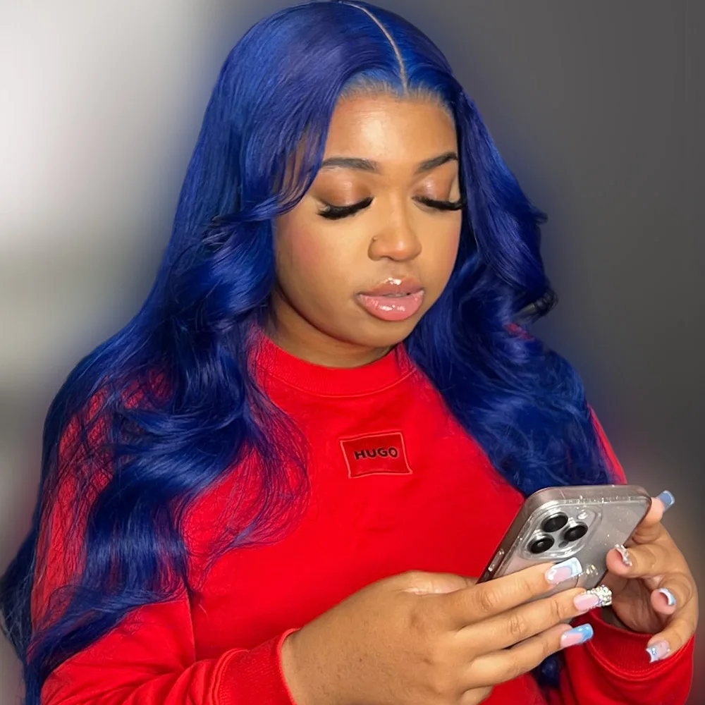 الأزرق الداكن الملونة خصلات الشعر المستعار الإنسان الجسم موجة غلويليس شعر مستعار 200% الكثافة منتصف الليل الأزرق 5x5 الدانتيل إغلاق شعر مستعار قبل قطعها للنساء #2